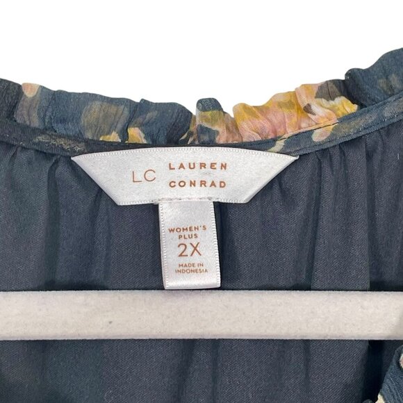 Lauren Conrad Ruffle Sleeve Floral Blouse 2X | Black Pink Romantic Chiffon Top - Picture 5 of 16